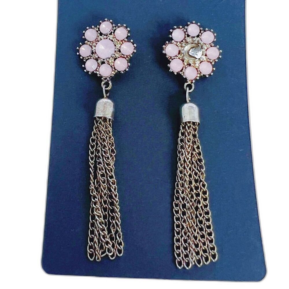 Pink Flower Earrings Gold Tassel Dangling Boho Chic